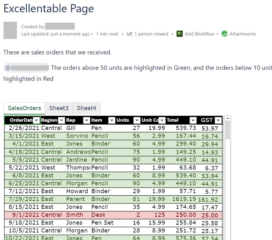 A Confluence page with Conditional formatting